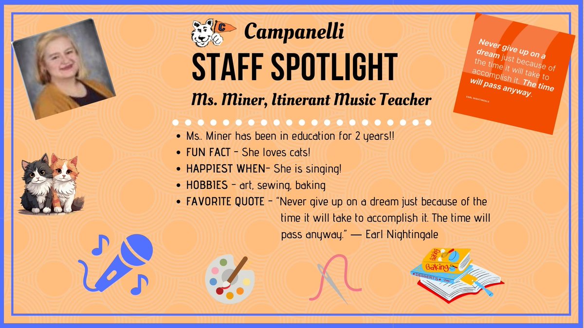 CampiCougars's tweet image. This week we are spotlighting Ms. Miner, our Itinerant Music Teacher!  #movingmountains #TEAMCampi