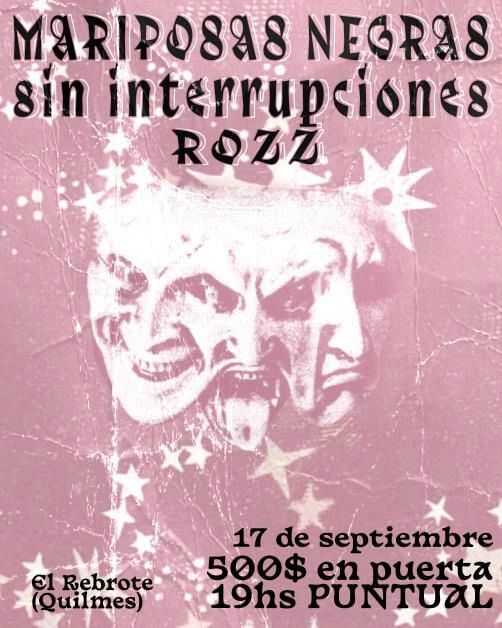 AlCostadoPogo's tweet photo. -Mariposas Negras + Sin Interrupciones en El Rebrote, Quilmes 19hs.

GRATIS:
-Ciclo Memoria en Jaque en Yira Yira, R. Mejía, 16hs.
-Notum Negres, El Sofisma del Yo, Tragic Mag en El Portal, 19hs.
-Nina Suárez + banda, homenaje a Rosario Blefari en Teatro Arg, La Plata, 20hs. https://t.co/dMWLuaYdxR