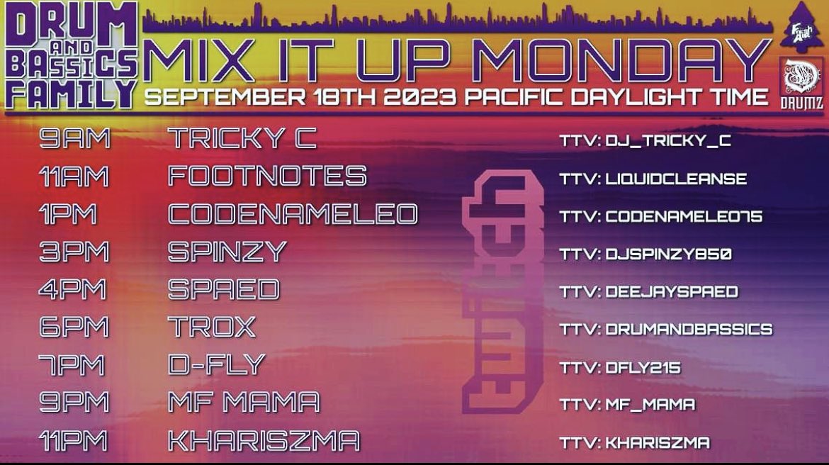 All Day Tomorrow and Every MONDAY!
#mixitupmondays #drumandbassics
<a href="/DRUMZBRAND/">DRUMZ</a>