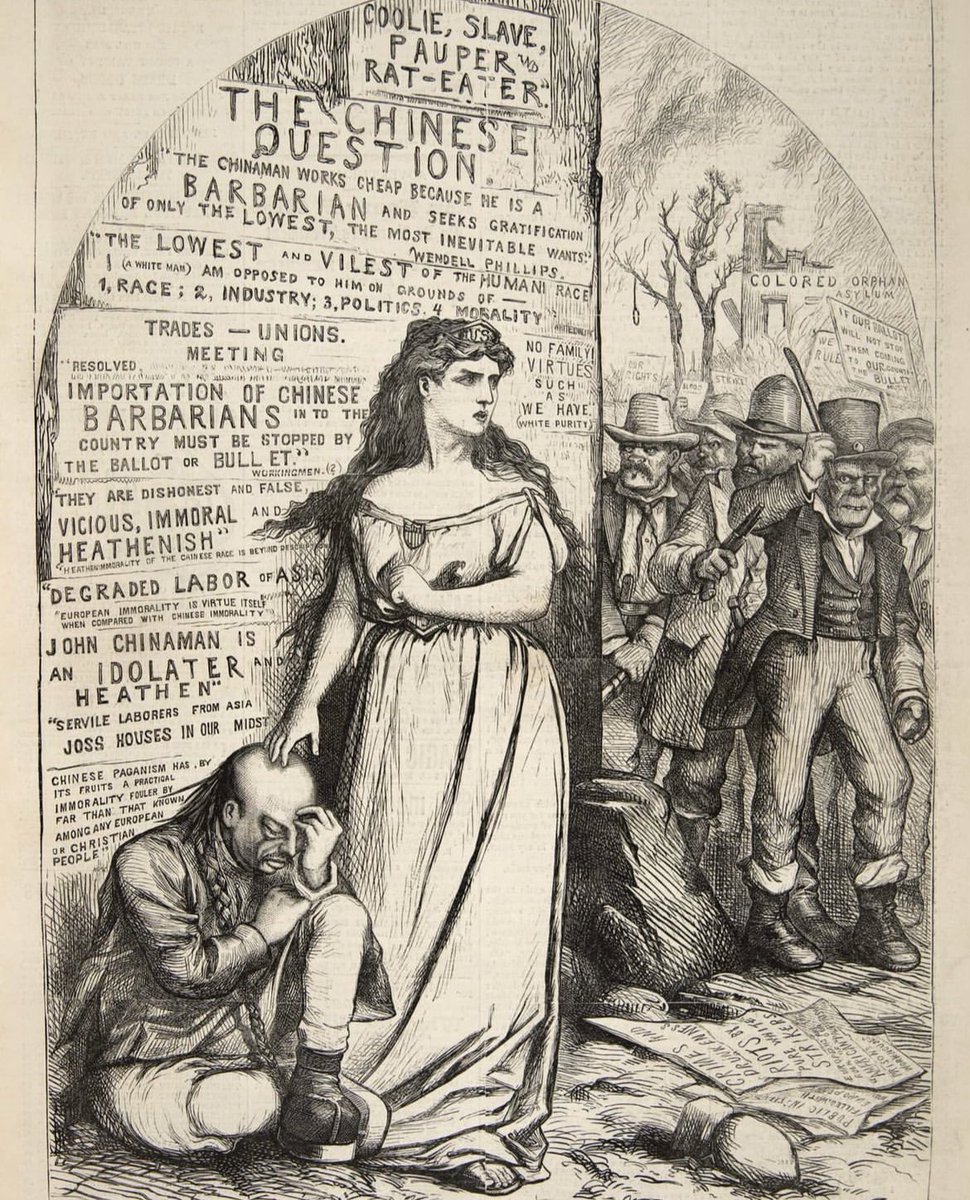 historyinmemes's tweet photo. The Chinese Question was an illustration by Thomas Nast published in Harper's Weekly on February 18th, 1871. In the illustration, Columbia, the female personification of America, is depicted shielding a Chinese immigrant. Nast created this illustration to criticize the prevailing sentiment of the "Chinese invasion" and to promote inclusivity. Surrounding them are various derogatory comments made against the Chinese during this era.

One of the comments reads, "Chinese paganism has, by its fruit, a practical immorality fouler by far than that known among any Europeans or Christian people." Additionally, a sign held by the mob reads, "If our ballot will not stop them from coming to our country, the bullet must."

A few months after the publication of this illustration, one of the worst racial massacres occurred in Los Angeles, California, on October 24th, 1871. Leading up to the massacre, rumors circulated that a policeman and a rancher were killed during a conflict between two rival tongs. These rumors escalated into false claims that the Chinese were "killing whites wholesale." A mob of around 500 people gathered in Old Chinatown and initiated attacks, robberies, and killings. Tragically, 19 Chinese immigrants lost their lives, with 15 of them being lynched.

Historian Paul De Falla describes the gruesome aftermath:

"The dead Chinese people in Los Angeles were hanging at three places near the heart of the downtown business section of the city: from the wooden awning over the sidewalk in front of a carriage shop, from the sides of two 'prairie schooners' parked on the street around the corner from the carriage shop, and from the cross-beam of a wide gate leading into a lumberyard a few blocks away from the other two locations. One of the victims was hanged without his trousers and minus a finger on his left hand."

Although ten men were eventually prosecuted, all their convictions were overturned on technicalities. It's worth noting that Chinese witnesses couldn't testify in court because, in 1863, the state of California passed a law that prevented Asians from testifying against whites.