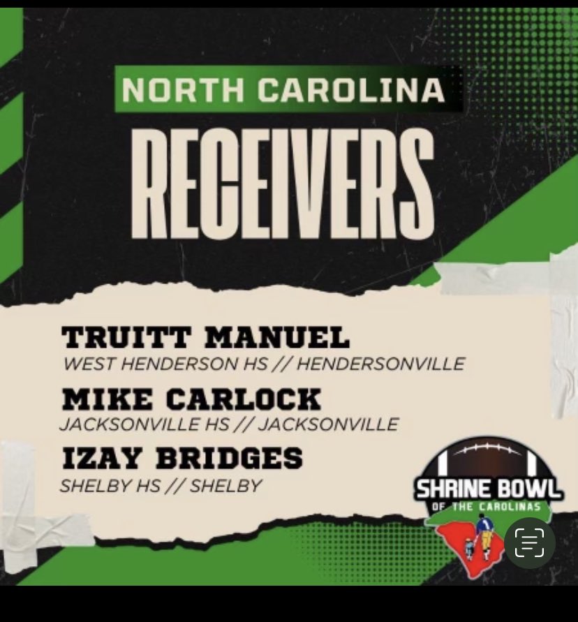 Congratulations to Mike Carlock on being selected to play in Shrine Bowl.  We are proud of you.  Go CARDS