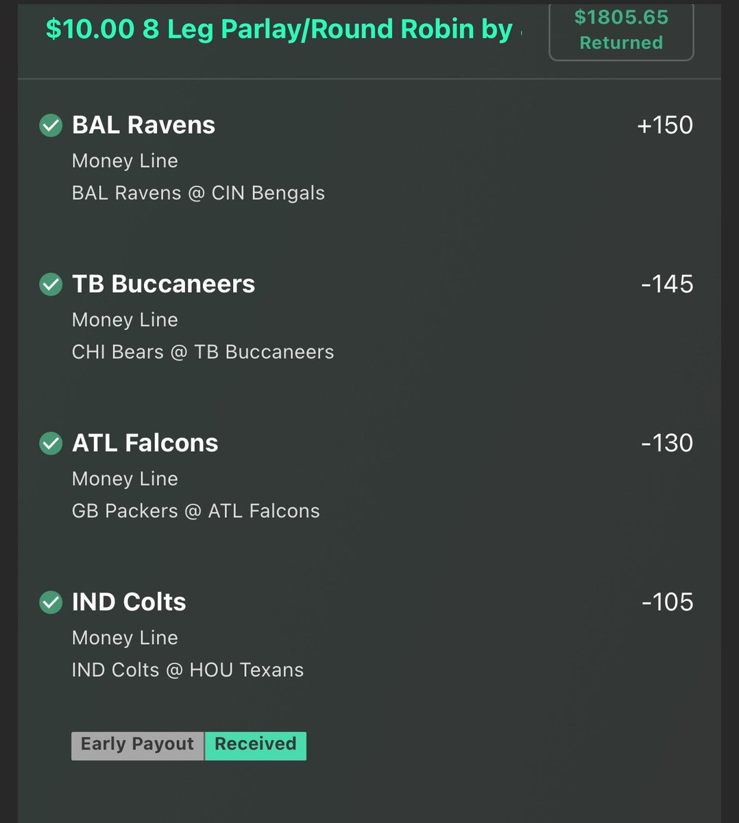 moneybagbet's tweet photo. SWEPT NFL 8/8 +18000 😱#gamblingtwitter https://t.co/XxXtw9wyPw