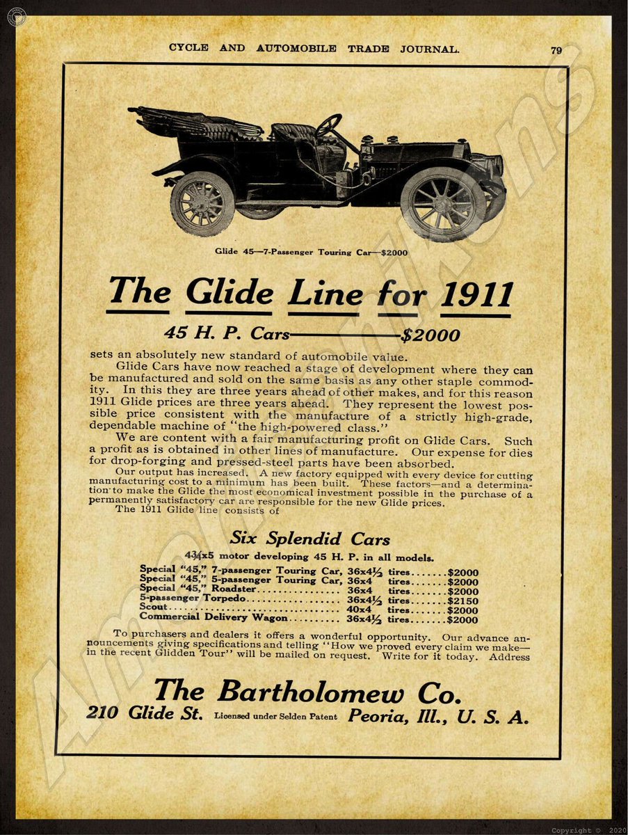 UltimativCars's tweet photo. (Background knowledge)
#Glide (1902-25) was the automotive brand of the #Avery Co. (1891-1928), both founded by John B #Bartholomew (1853-1924).
Selling a lineup of 7 in 4.500 units, no car was longer offered than the #45HP (1909-15); after JBB's death, Glide merged into Avery. https://t.co/tlfEl4iW4x