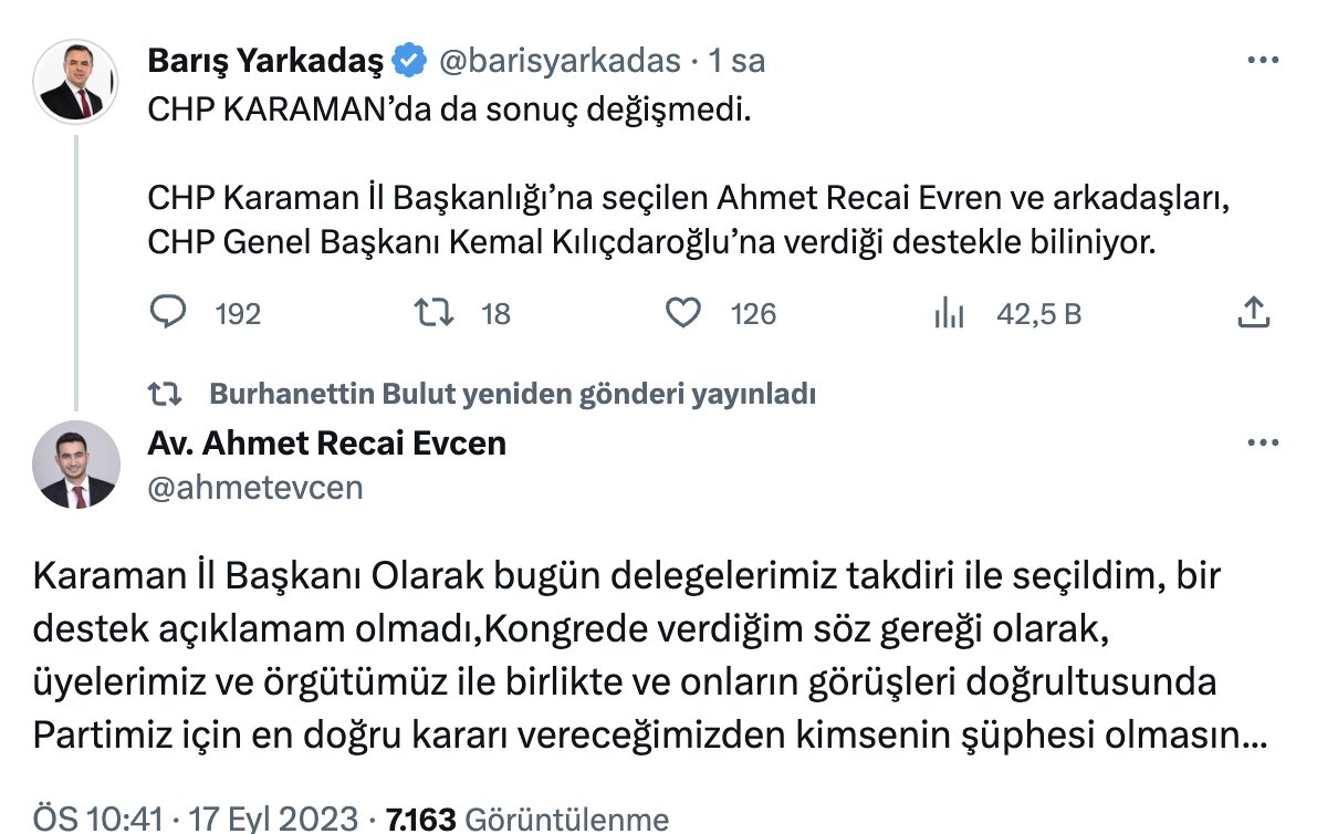 📍Kulisler baya karışık. ➖Barış Yarkadaş'ı Karaman İl Başkanı'nın Kılıçdaroğlu'nu desteklediğine dair paylaşımı, Karaman İl Başkanı tarafından yalanlandı.