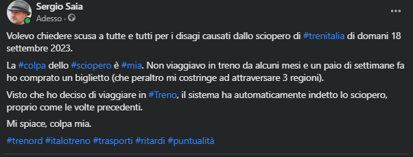 sergiosaia's tweet image. Chiedo scusa a tutt* per i disagi causati dallo #sciopero di #trenitalia del 18/09/23. 
La #colpa è #mia: non viaggiavo in #treno da mesi e ho comprato un #biglietto, il che ha automaticamente fatto scattare lo sciopero, come sempre. Mi spiace, colpa mia. 

#trenord #italotreno