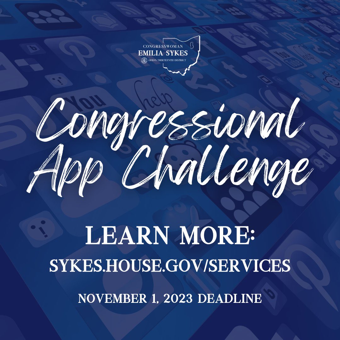 The #CongressionalAppChallenge is an exciting opportunity for students to showcase their computer science and coding skills. Applications are still open. The deadline to apply is November 1 and the winner from #OH13 will be announced in early December! sykes.house.gov/resources/cong…