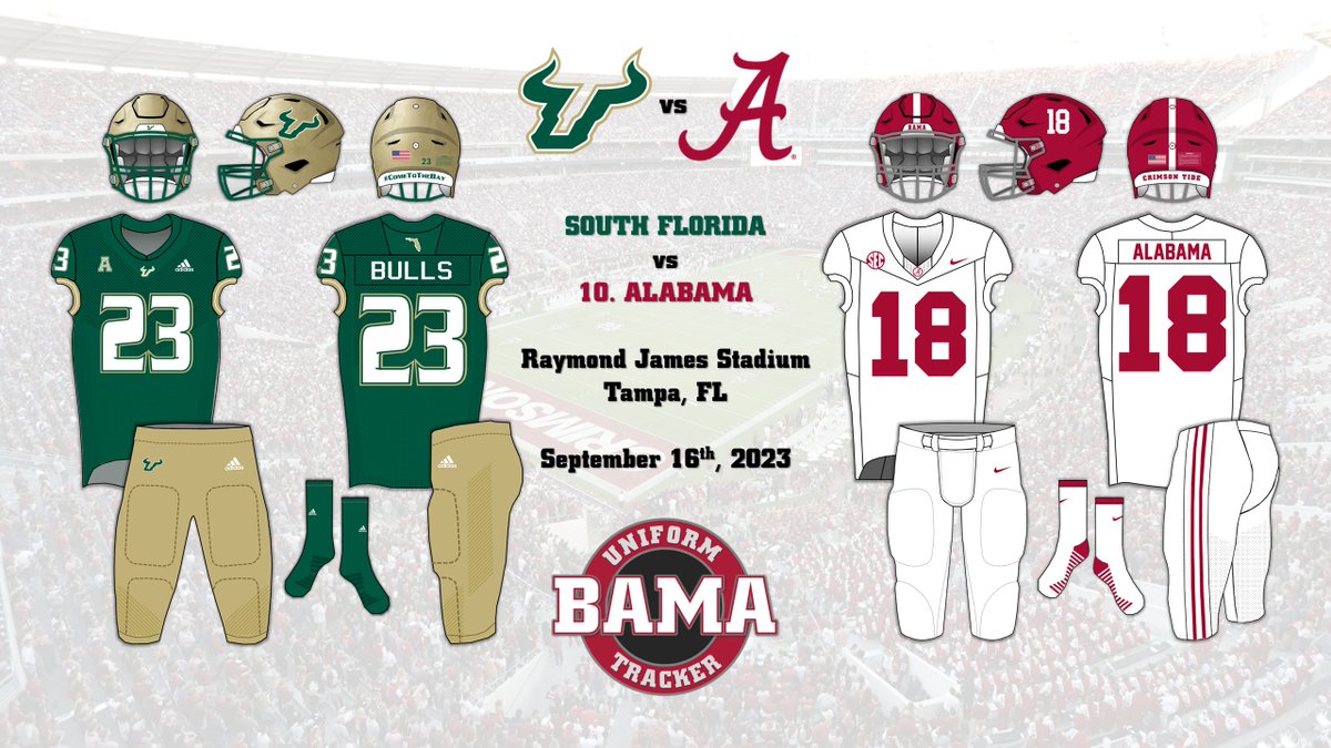 Uniforms from yesterday's rainy slug-fest in Tampa. As a reminder I keep track of every Alabama football uniform matchup (currently dating back to 2014) on my website, check it out: bamaunitracker.weebly.com/2023-football-…

#BamaUniTracker #RollTide