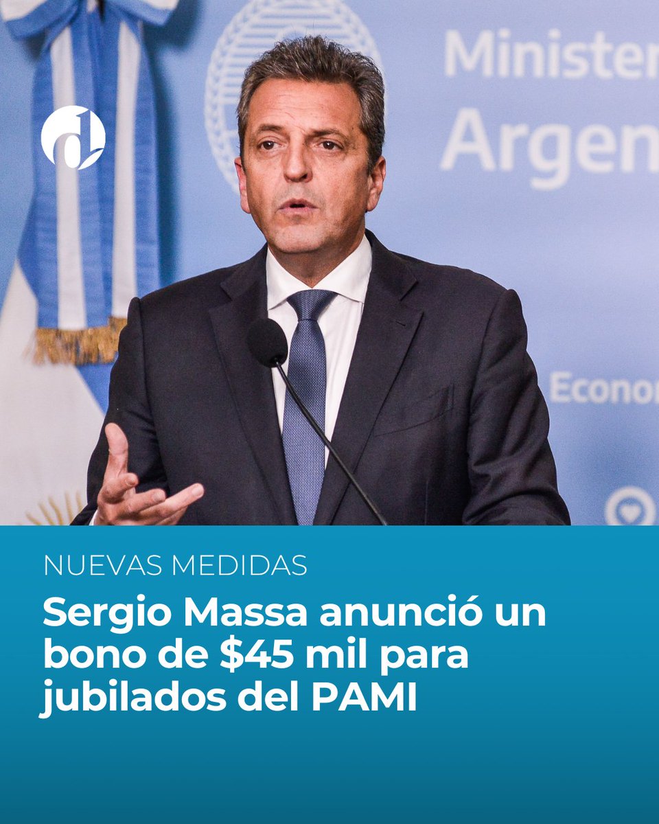 Sergio Massa anunció un refuerzo alimentario de $45 mil para jubilados que tienen hasta una jubilación mínima y media y están afiliados a la obra social del PAMI.

La medida alcanzará a 3 millones de jubilados y se abonará en tres cuotas de $15 mil. 🗓️

➡️ eldestapeweb.com/economia/jubil…