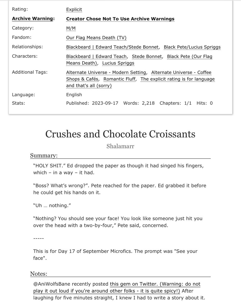 ShalamarrAO3's tweet photo. Here’s my entry for Day 17 of September @ofmdmicrofic - “Crushes and Chocolate Croissants”:  https://t.co/BQvTMtpnxM
My inspiration was a hilarious post from @AniWolfsBane, which I’ve linked in the fic. https://t.co/LrUiUaAhk4