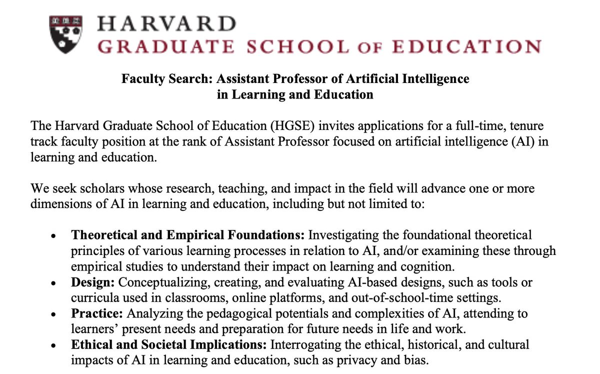 Join our academic community at the Harvard Graduate School of Education! ✨ We're inviting applications for a tenure-track position as Assistant Professor of AI in Learning and Education. Learn more and apply at: apply.interfolio.com/131655