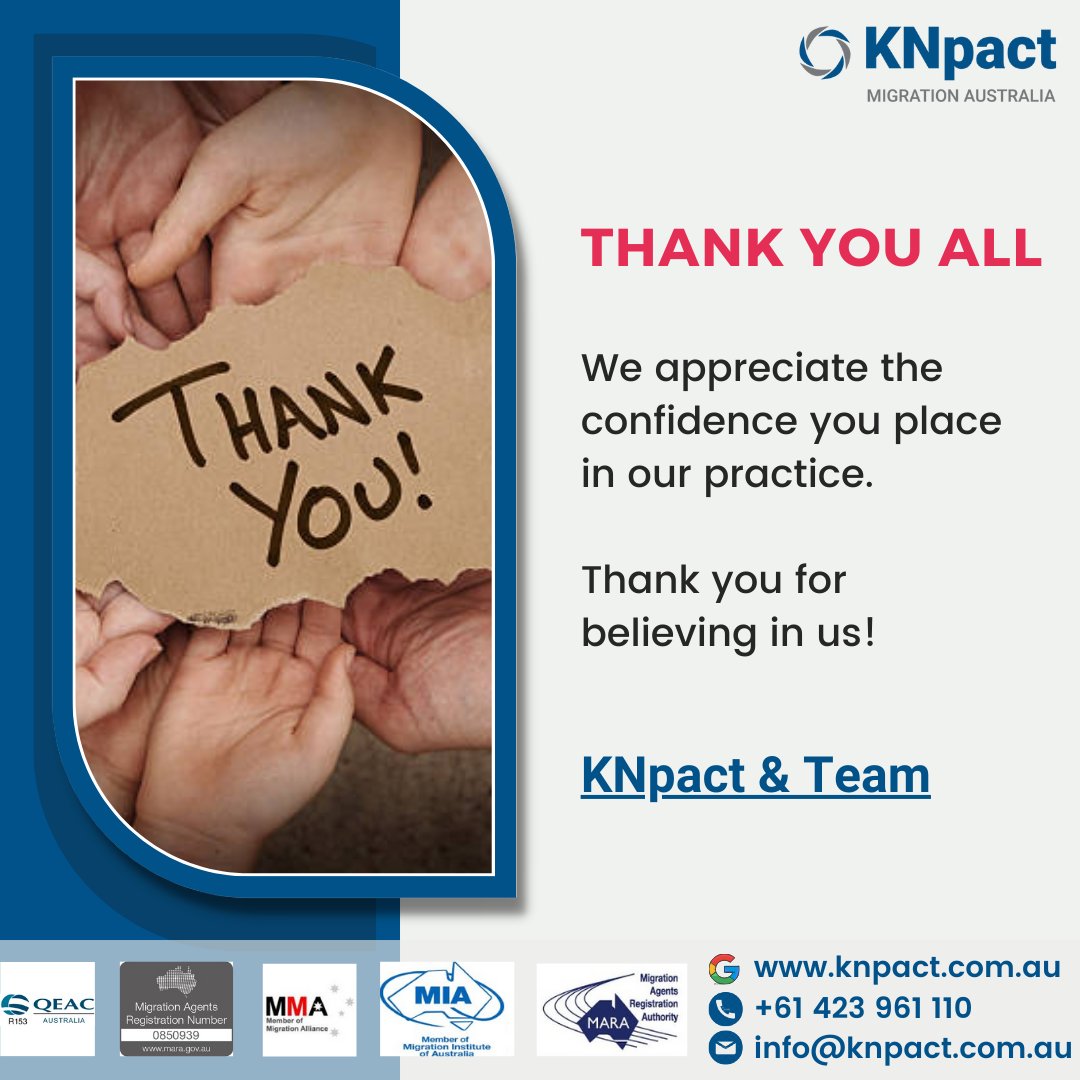 We appreciate the confidence you place in our practice.
Thank you for believing in us! KNpact & Team
#students #australia #migration #immigration #visa #education #migrationagent #partnervisa #parentvisa #Sydney #psw #knpact