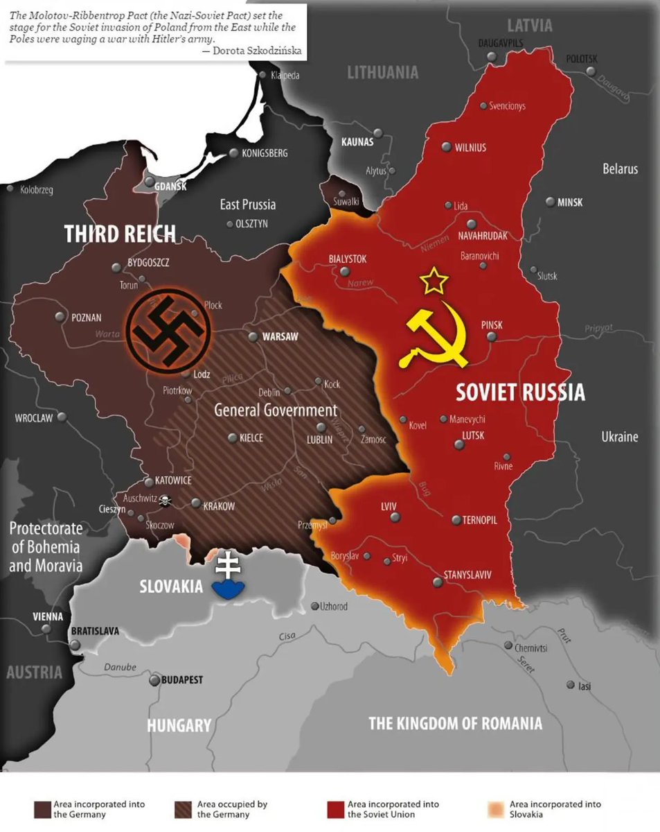 victoriaslog's tweet photo. The Soviets invaded Poland 84 years ago on this day. They explained to the Poles that they had come to liberate them from the Nazis. The Polish people had no idea that this attack had been planned in collaboration with the people the Soviets were supposed to protect them from.

The Red Army waited for 16 days because they needed a reason to invade Poland and not break the non-aggression pact signed in 1932. The Molotov-Ribbentrop Pact was signed a week before the Germans started WW2.

Germans also tried to convince Poles that it was the Polish Army that bombed Warsaw and that Germany hit only military targets. Does this sound familiar? Russia learned a lot from the Nazis.

Let’s go back to what happened that made Hitler believe he could enslave Europe:
▪️In 1938, Europe let Hitler occupy border areas of Czechoslovakia, hoping he would stop. Well, he didn’t. It gave him the green light for further aggression. A few months later, Germany occupied the entire country, and the next year started WW2.
▪️After a successful occupation, it started limiting people’s rights and committing genocide against the native population.