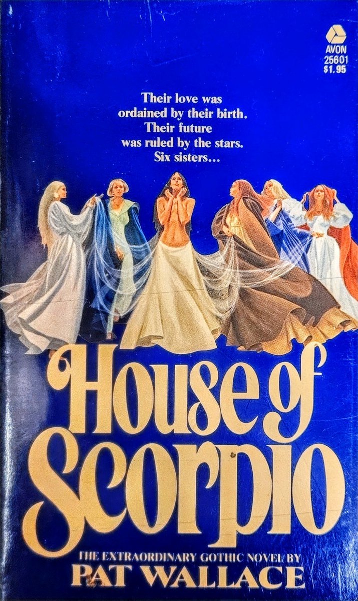 Azsumtuk_eth's tweet photo. It's House of Scorpio by Pat Wallace, from 1975 by Avon.
Wallace also wrote fantasy/otherworld romances before Jayne Anne Krentz's Sweet Starfire, which has long been cited as the first. This fold-out cover was illustrated by the great #HarryBennett
@ArtoftheClinch @TommyBennett https://t.co/w6zCS7Z62H