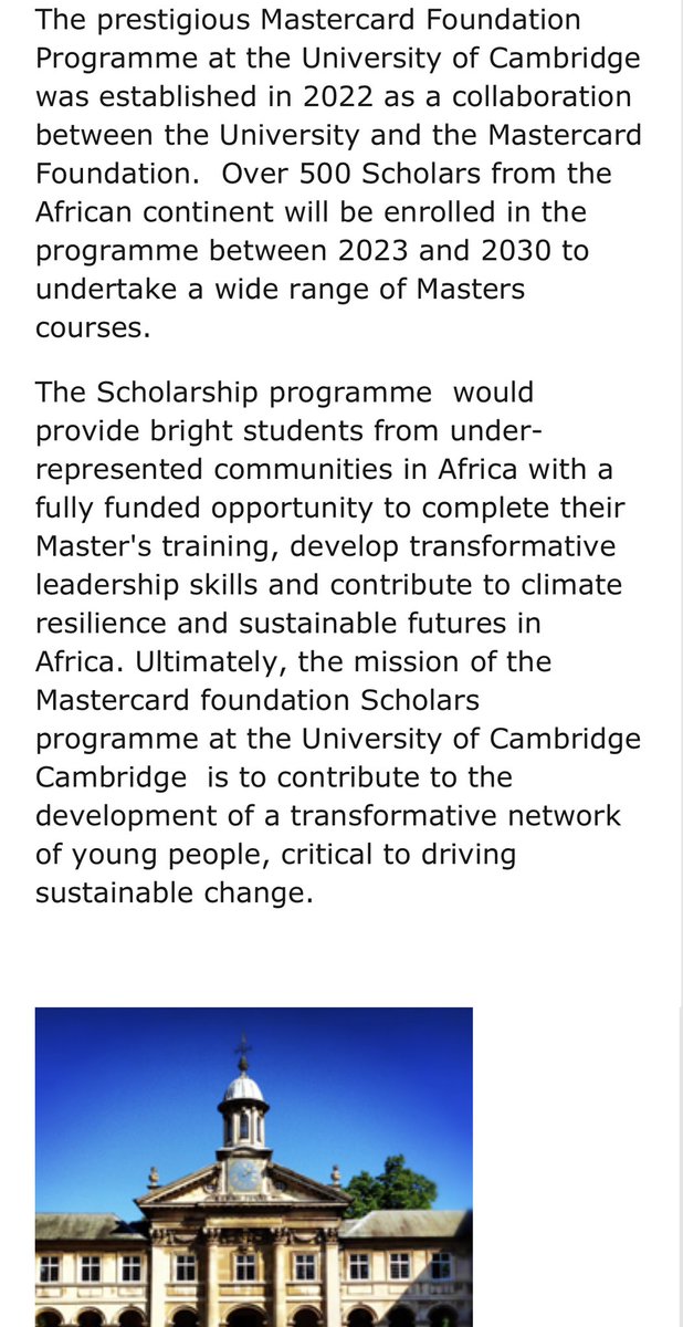 📣 Applications for Mastercard Foundation scholarship programme at @Cambridge_Uni now open. Designed to provide talented students from Africa with master’s scholarship and contribute to #climatechange resilience and #sustainability mastercardfoundation.fund.cam.ac.uk