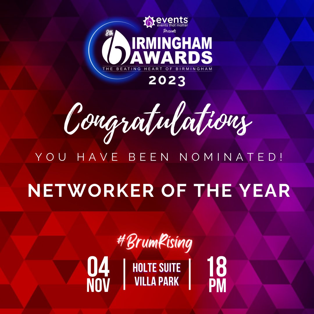 Congratulations <a href="/VictoriaS0106/">Victoria</a>  you have been nominated for 'Networker of the Year' at this year's @birminghamawards 

Celebrating the people, the businesses, and the city

The beating heart of Birmingham 

#Goodluck

#BrumRising #BrumAwards23