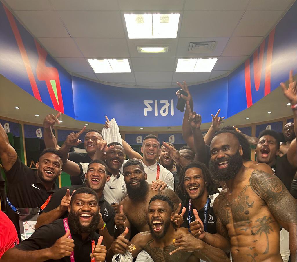 SonnyBWilliams's tweet photo. You guys already know I’m a big fan of the Fiji boys, so I snuck in post game to give my congrats to the boys after their historic win. 🇫🇯 keep making the islands proud brothers! ✊🏽 #RWC2023 https://t.co/Rp46Ej6Rpc