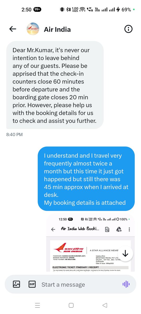 SachinKumarIN's tweet photo. This is the so called best service of @airindia .
I haven't seen such worst service ever by any airlines industry they atleast acknowledge their mistake but Air India will blame you even if there is 45 min left for departure.
They are just sitting to loot the money.
#AirIndia https://t.co/YmG9UJrv8m