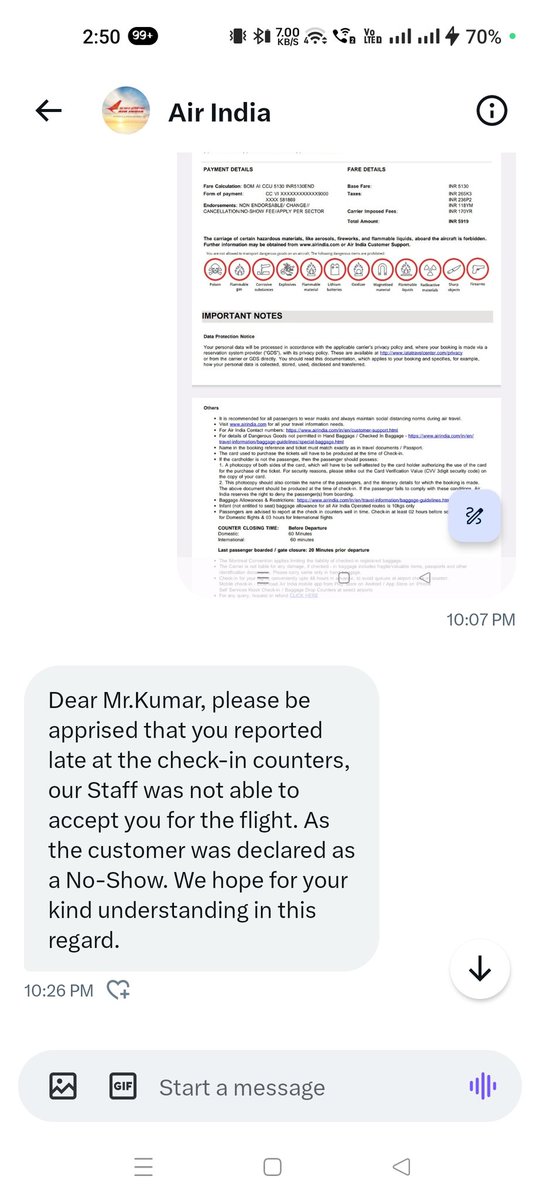 SachinKumarIN's tweet photo. This is the so called best service of @airindia .
I haven't seen such worst service ever by any airlines industry they atleast acknowledge their mistake but Air India will blame you even if there is 45 min left for departure.
They are just sitting to loot the money.
#AirIndia https://t.co/YmG9UJrv8m