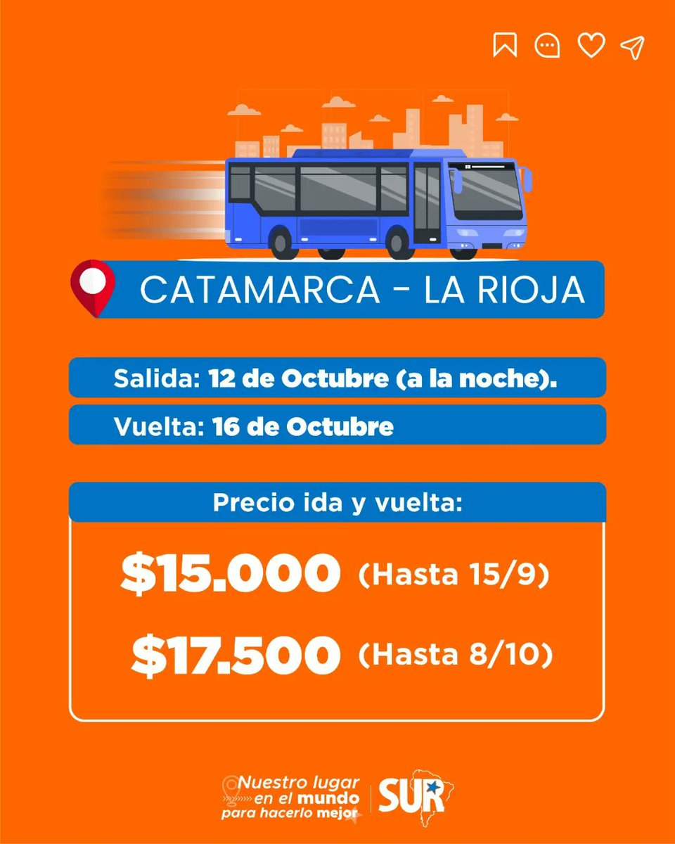 SurEnPsico's tweet photo. VIAJÁ CON SUR A TU CASA EN OCTUBRE! 🚌

🤝 Queremos proponerte un viaje más económico, organizado de estudiantes para estudiantes, ¡que como vos pasan por las mismas situaciones al estudiar en otra provincia!

📍 La Pampa
📍 Catamarca - La Rioja
📍 Salta - Jujuy

@VivireNuevaCba https://t.co/FKAUjJsSQP