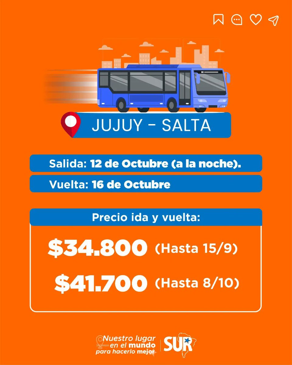 SurEnPsico's tweet photo. VIAJÁ CON SUR A TU CASA EN OCTUBRE! 🚌

🤝 Queremos proponerte un viaje más económico, organizado de estudiantes para estudiantes, ¡que como vos pasan por las mismas situaciones al estudiar en otra provincia!

📍 La Pampa
📍 Catamarca - La Rioja
📍 Salta - Jujuy

@VivireNuevaCba https://t.co/FKAUjJsSQP