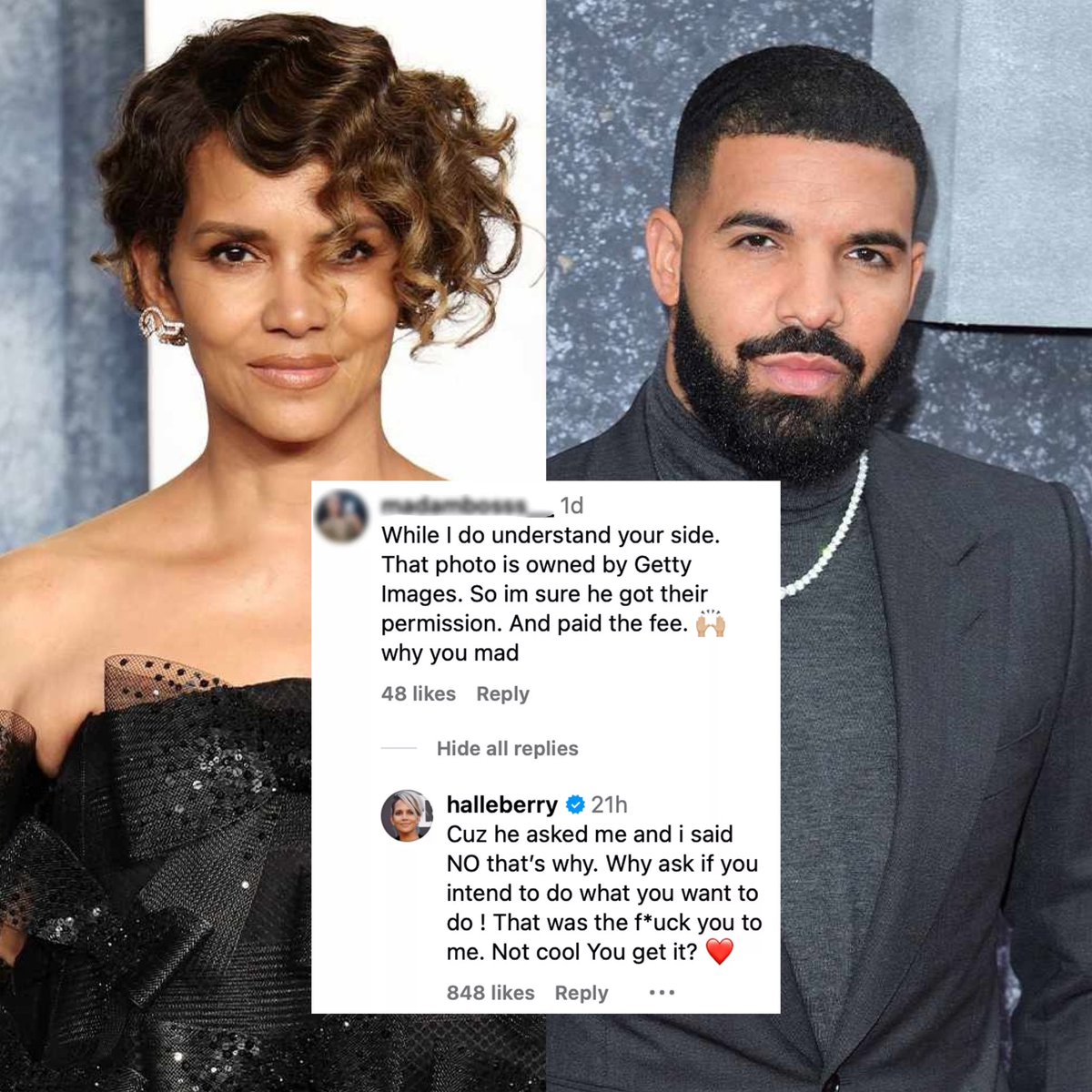 Halle Berry says Drake reached out to ask her if he could use the photo of her covered in slime for his new single, and still used it despite her saying no: “He asked me and i said NO… Why ask if you intend to do what you want to do ! That was the f*uck you to me. Not cool You…