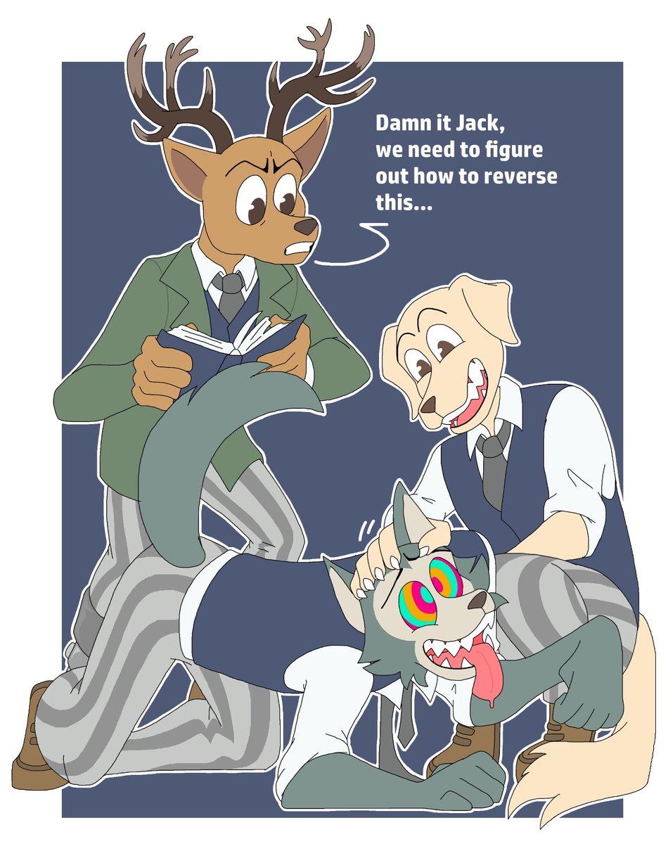 EthcatTF's tweet photo. They found Legoshi in his apartment like this a few days ago...
Jack and Louis have been trying to snap him out of it, but no luck so far.

Doesn't help that Jack is more interested in giving his friend head scratches than figuring out how to fix him... 🐺 https://t.co/ibwuC0eger