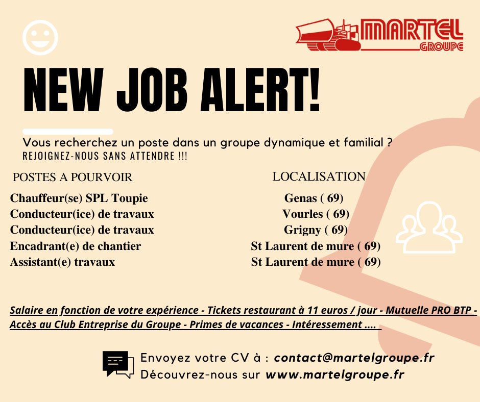 ▶ MARTEL GROUPE RECRUTE

Nous recherchons plusieurs profils pour venir renforcer nos équipes ! Vous souhaitez nous rejoindre et intégrer un groupe familial en pleine croissance ? 🧐

Envoyez votre CV sur : contact@martelgroupe.fr en nous précisant l'offre qui vous intéresse 📩