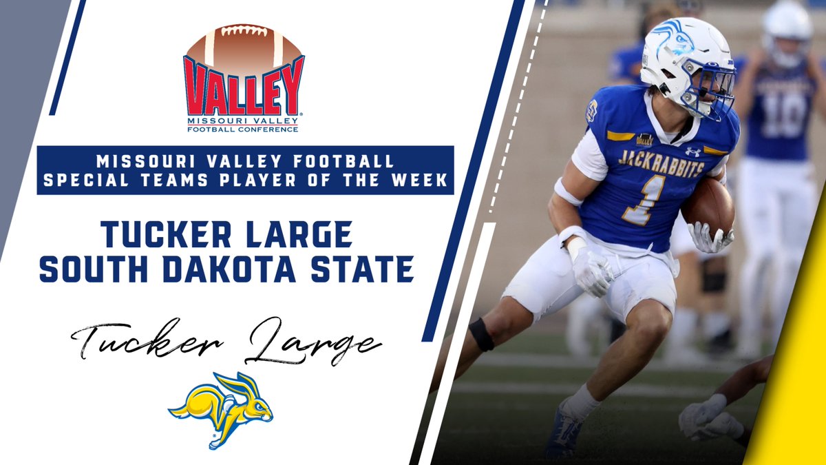 This week's #MVFC Special Teams Player of the Week is @GoJacksFB @tuckerlarge -- racked up what is believed to be a single-game school record with 149 yards on four punt returns in the Jackrabbits' 70-7 victory over Drake. ⬇️ bit.ly/3EFDZQO