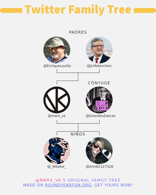 marx_vk's tweet photo. 👨‍👩‍👧‍👦 Mi Familia de Twitter:
👫 Padres: @EnriqueLavilla @JLMelenchon
👰 Cónyuge: @GrandesZascas
👶 Niños: @_Nikator_ @Ann62127326

➡️ https://t.co/V5fIkyqgVM https://t.co/ocjtQp02XQ