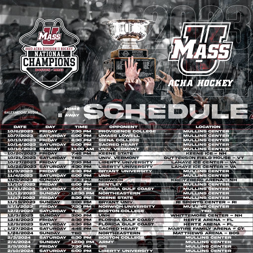 UMassACHAhockey's tweet photo. 🚨 2023-2024 SCHEDULE 🚨 

NATIONAL CHAMPS will raise the banner at the Mini-Mully for the Home Opener. https://t.co/FknhZ8yulv