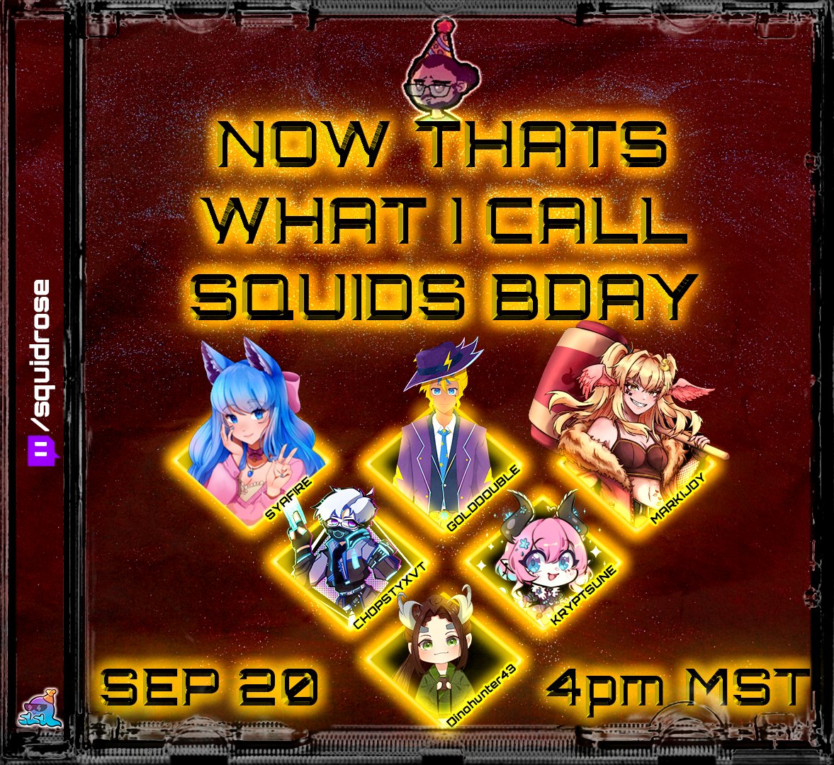 BIRTHDAY SUBATHON ANNOUNCEMENT!
Don't miss out on your favorite hit classes such as Jackbox Games, Among Us, and others

Dropping Sep 20th, at 4pm MST

Featuring @SyafireVT @goldpiplup64 @joy_marki @ChopStyxVT @kryptsune @Dinohunter43 

#BirthdayStream #Subathon #stream #jackbox