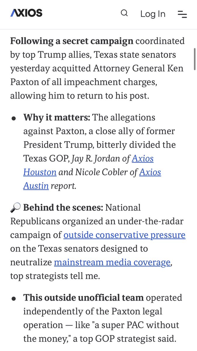 AmoneyResists's tweet photo. For everyone wondering why TX House Republicans voted to impeach Ken Paxton only for GOP senators to acquit him this week, it was a coordinated pressure campaign from Trump and others (@charliekirk11) telling them they’d “face tough primary challenges if they voted to convict.” https://t.co/cEp6Gt2gws
