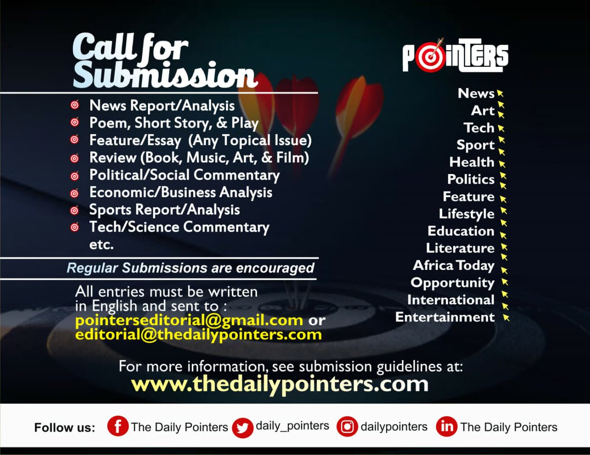 📍Call For Submission | Pointers

 Enter↘️
buff.ly/3PpFWpk

🎙️ArtHut — buff.ly/3Cw54oN

#CallForSubmissions #LiteraryMagazines #CallForWriters #writingcommumity #africanwriters #writers #Poets #storytellers