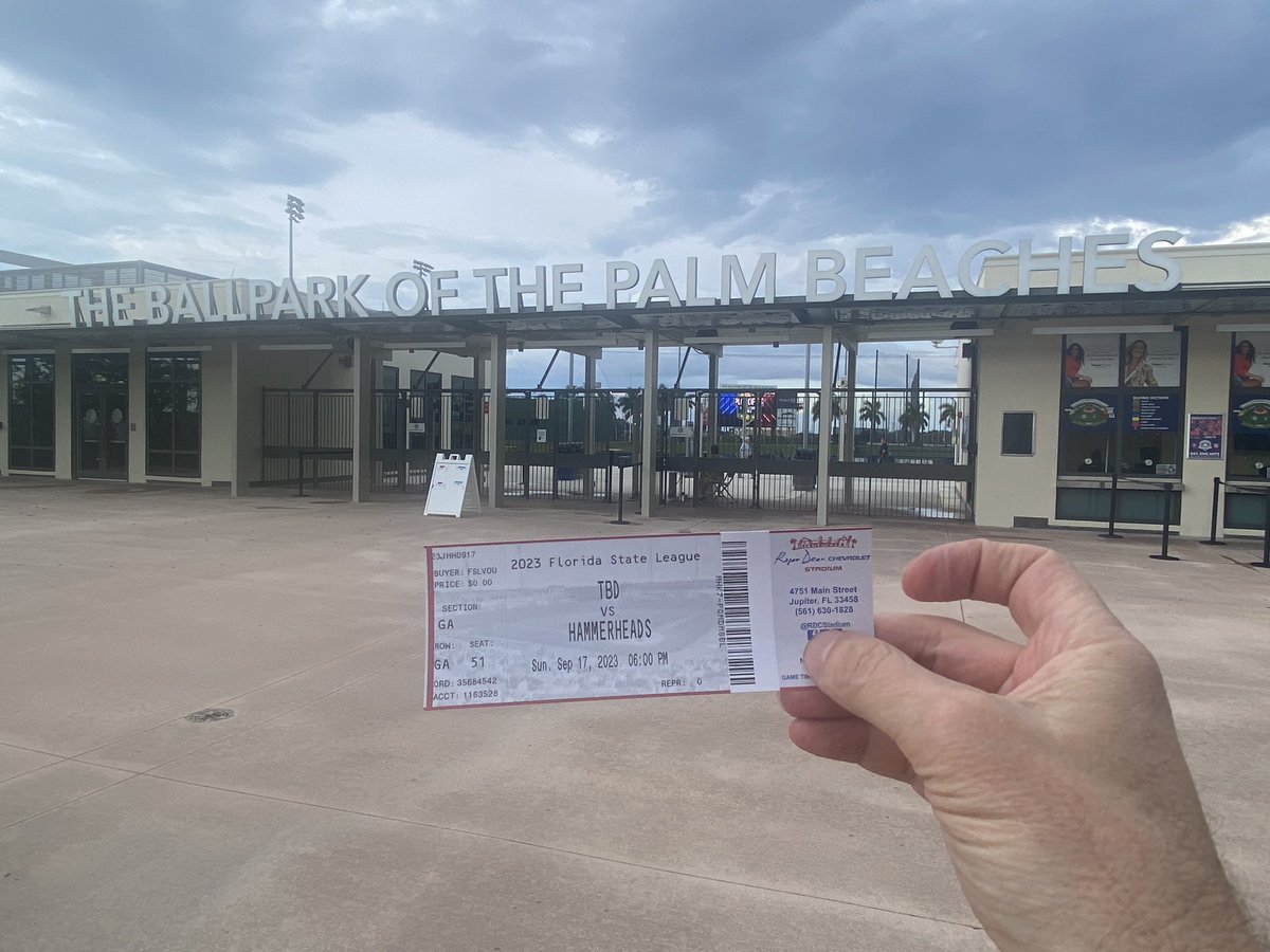 fsutoby's tweet image. Thanks @Eric_Birdland (and @xwOBAiley)! Happy to be at @Ballpark_PB in #WPB covering Game 1 on your behalf via @FLProspectPod as part of my all-#Marlins Doubleheader today. MIA 16 ATL 2 earlier at @loanDepotpark. #Clearwater #Jupiter #RingTheBell #MakeItMiami