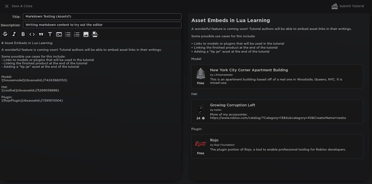 BoatbomberRBLX's tweet image. This upcoming @LuaLearning feature will make tutorials more powerful and user friendly, while also making it possible for authors to receive donations for their work.
#RobloxDev #Roblox