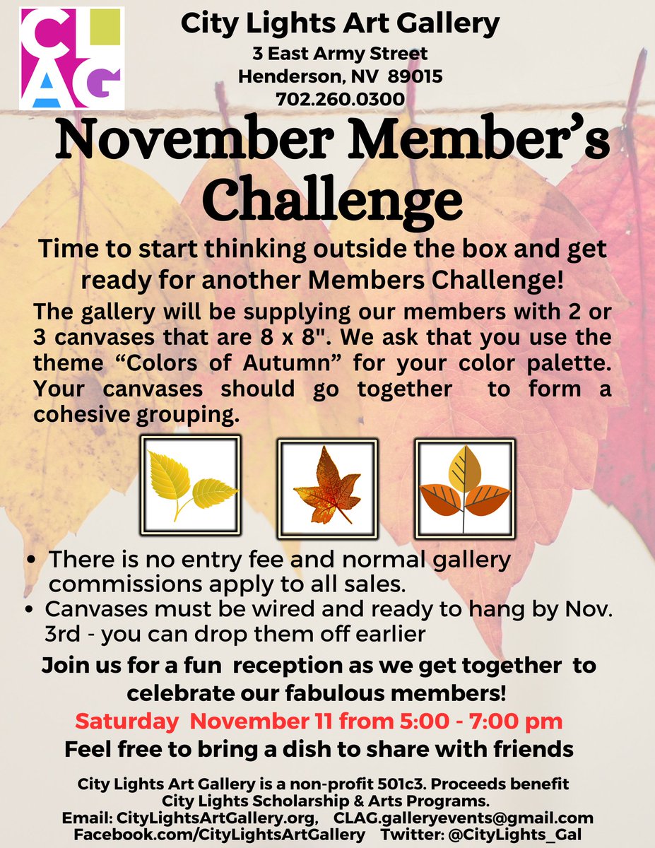 CityLights_Gal's tweet image. November's Featured Artist is Member Challenge! This time the theme is "Colors of Autumn"! Reception Saturday, November 11th from 5 to 7 pm!

#november2023 #featuredartist #memberschallenge #citylights #hendersonart #vegasart #waterstreet #wsdba #giftshop #smile #fallcolors