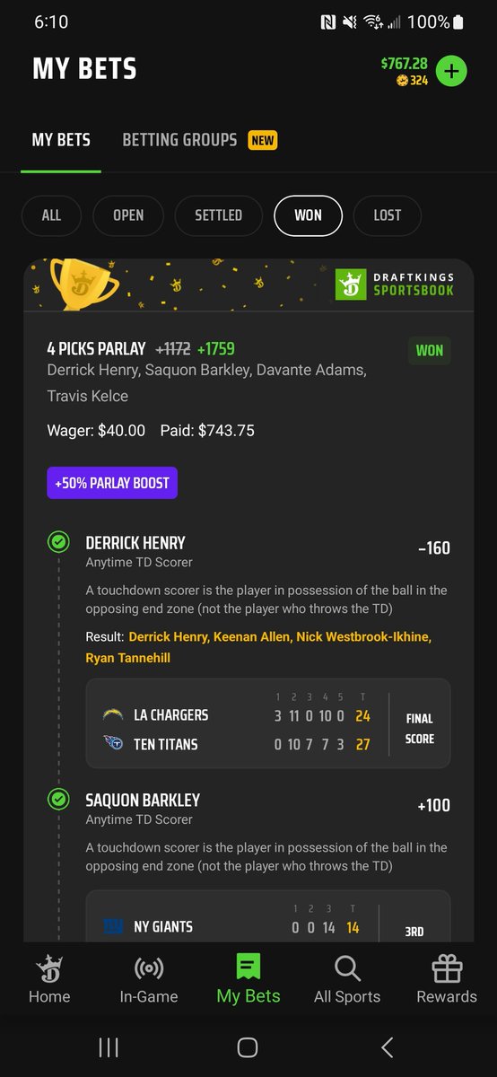 jleetaco's tweet photo. Another one 🔥🔥🔥✅️✅️✅️✅️ 4 leg TD slip W.#SportsGambling
#draftking #nfl https://t.co/pu3O3FwdnD