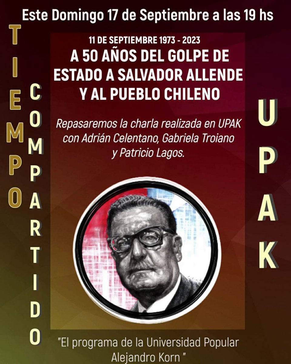 UpakTiempoComp's tweet photo. #AhoraAlAire
x 
@radioulaplata

A 50 AÑOS DEL GOLPE A ALLENDE
Y AL PUEBLO CHILENO

Repasamos la charla realizada en UPAK
con Adrián Celentano,
Gabriela Troiano
y Patricio Lagos. 

https://t.co/qtRS8m7nmZ https://t.co/WMY2ypnsb5