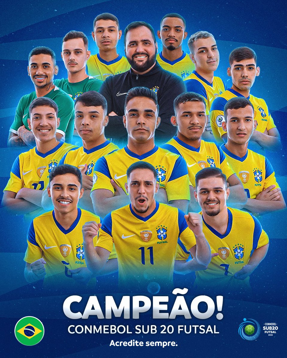 É CAMPEÃO! 🏆🇧🇷 Mais uma estrela para a @CBF_Futsal! O #Brasil conquistou a CONMEBOL #Sub20FS pela oitava vez e manteve a hegemonia no torneio. 8️⃣⭐ #AcrediteSempre