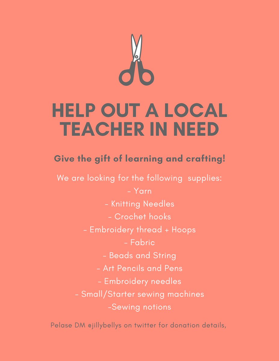JillyBellys's tweet image. Hey cosplay and crafting friends? Wanna help out a local cosplayer turned teacher whose students want to learn to sew/knit/crochet/craft? 

My kids are excited to start crafting club but most of my kids have no access to supplies, so I'm on the hunt for any and all help!