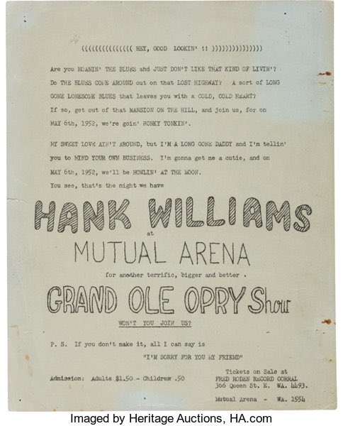 mcphersoncomm's tweet photo. Happy 100 to Hank Williams. He never played the @HorseshoeTavern in Toronto, but did perform at The Mutual Street Arena on May 6, 1952 as per this @HeritageAuction playbill. #Hank100 https://t.co/pJDeYGBBrQ