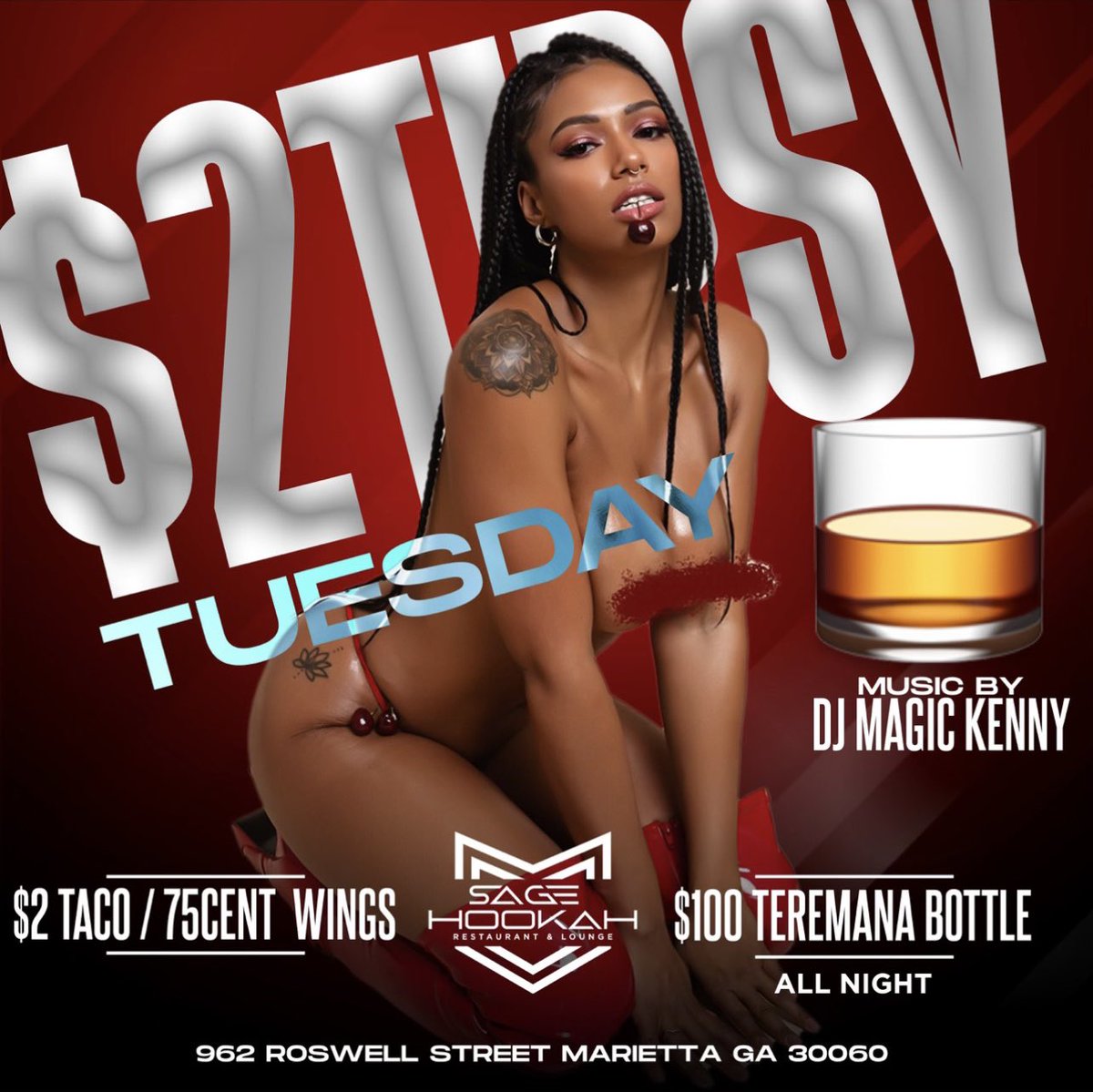 MRKIP's tweet image. Sage Lounge Tuesday Night! $100 bottles all night! $2 shots of Tequila and 75 cent wings!!!!