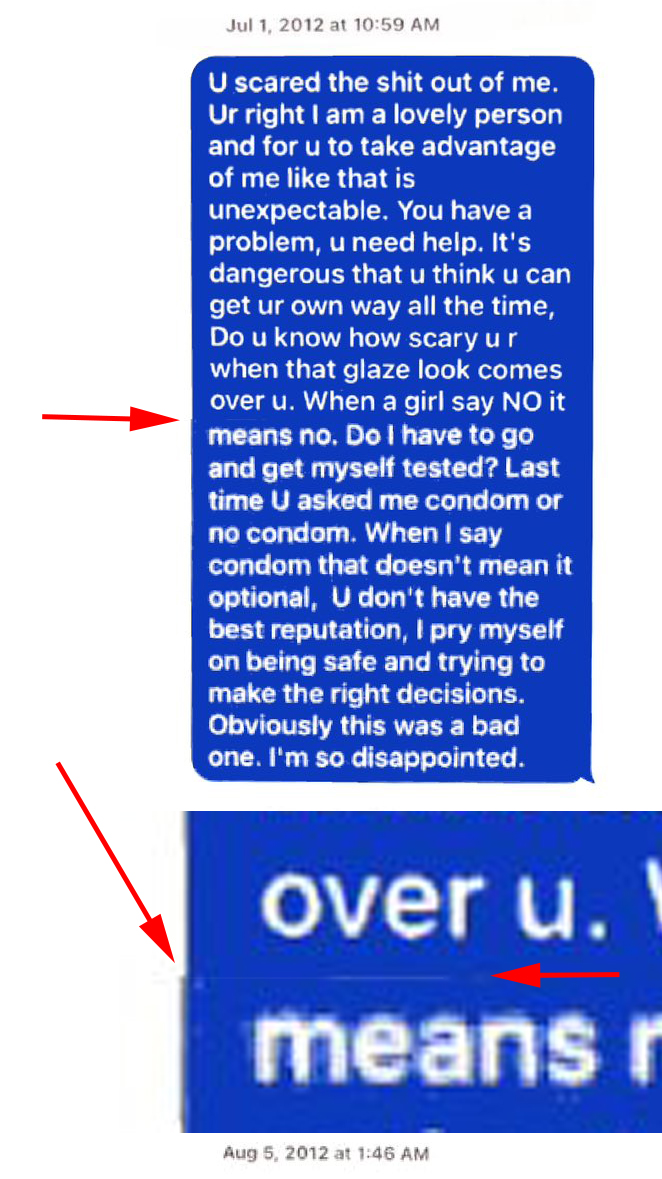 I downloaded the circulating supposed message between Russell Brand and mystery accuser woman 'X'. In photoshop I zoomed in and marked the message where it looks off. I've not doctored the image in any way.

I smell some fuckery.