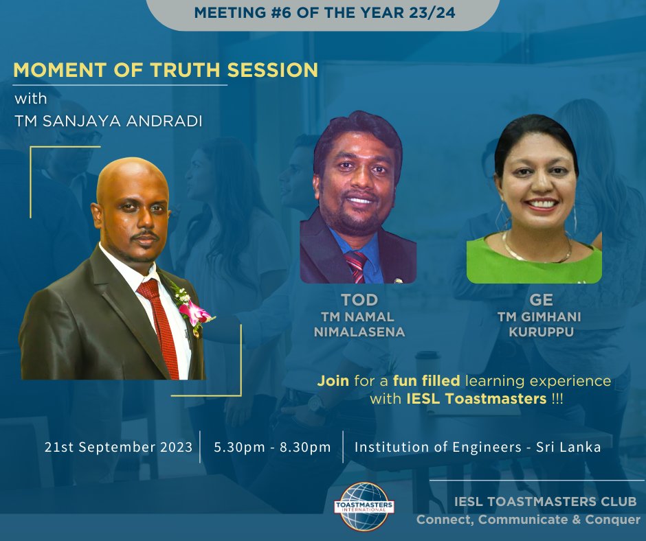 Announcing! 📢
The stage is set for our 6th educational meeting of the year! Join us for a delightful session that promises both learning and fun, perfect for warming up in this rainy season. ☔ 🌧
#toastmasters #education