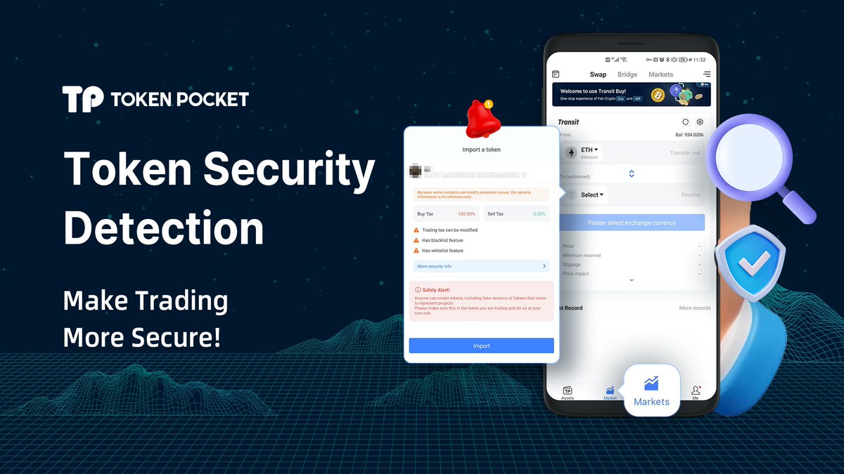 Make Trading More Secure! Crypto security matters to us! 🧐The latest  Android version of TokenPocket added the Token Security Detection feature  on the Markets page! Users who trade on TokenPocket can view