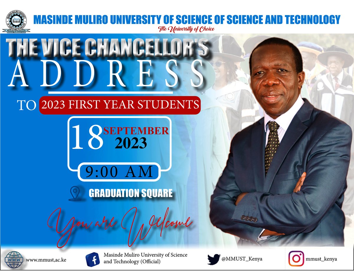 Today marks the climax of our 2023 first year students orientation, as @S_Shibairo will be addressing you from 9am at the University's graduation square.
#HappyNewWeek #IChooseMMUST #UniversityofChoice #Everystudentmatters #SeptemberIntake