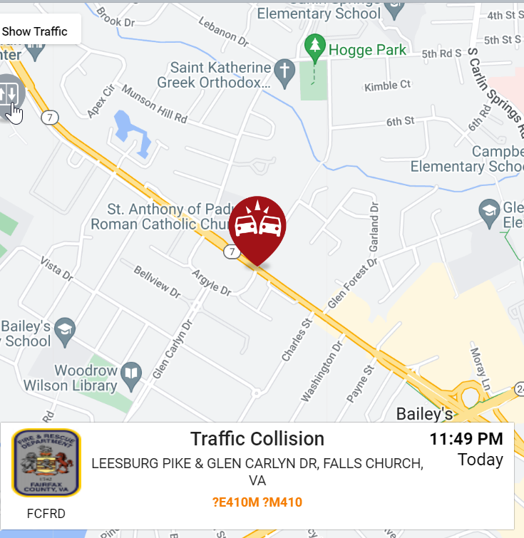 ALERT - Vehicle vs Pedestrian hit and run about 23:49 Hrs at Glen Carlyn Dr & Leesburg Pike in the Culmore area. No vehicle description available. Patient being transported to Fairfax Inova LIFE THREATENING. #FCPD #FCFRD