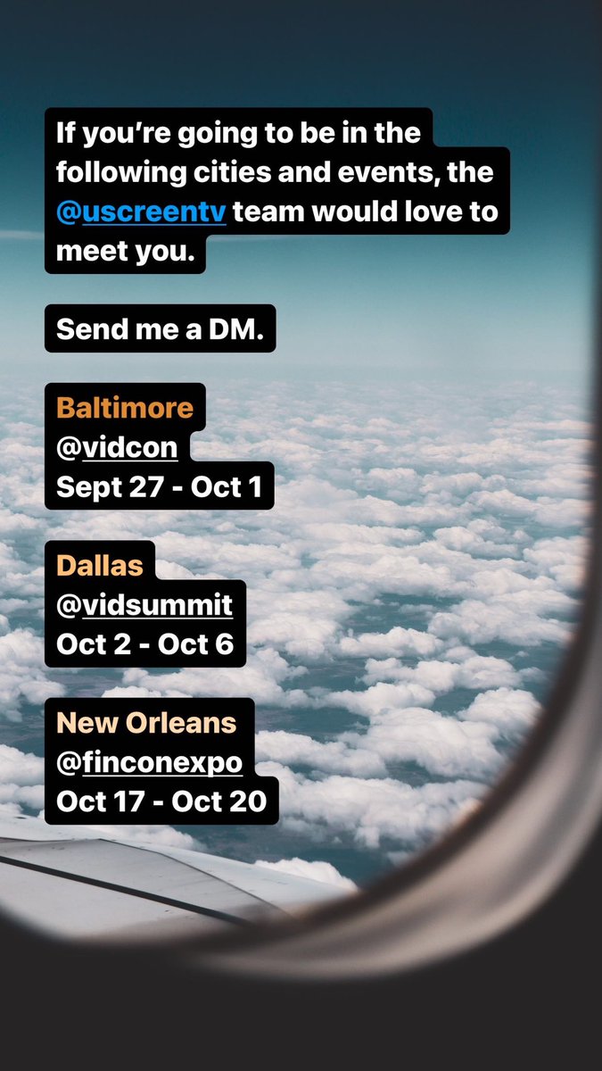 Going to <a href="/VidCon/">VidCon</a>, <a href="/FinCon/">FinCon</a>, or <a href="/vidsummit/">VidSummit</a>?

DM me, the <a href="/uscreentv/">Uscreen</a> team would love to meet you.

Tag someone you know that’ll be attending or is in town.