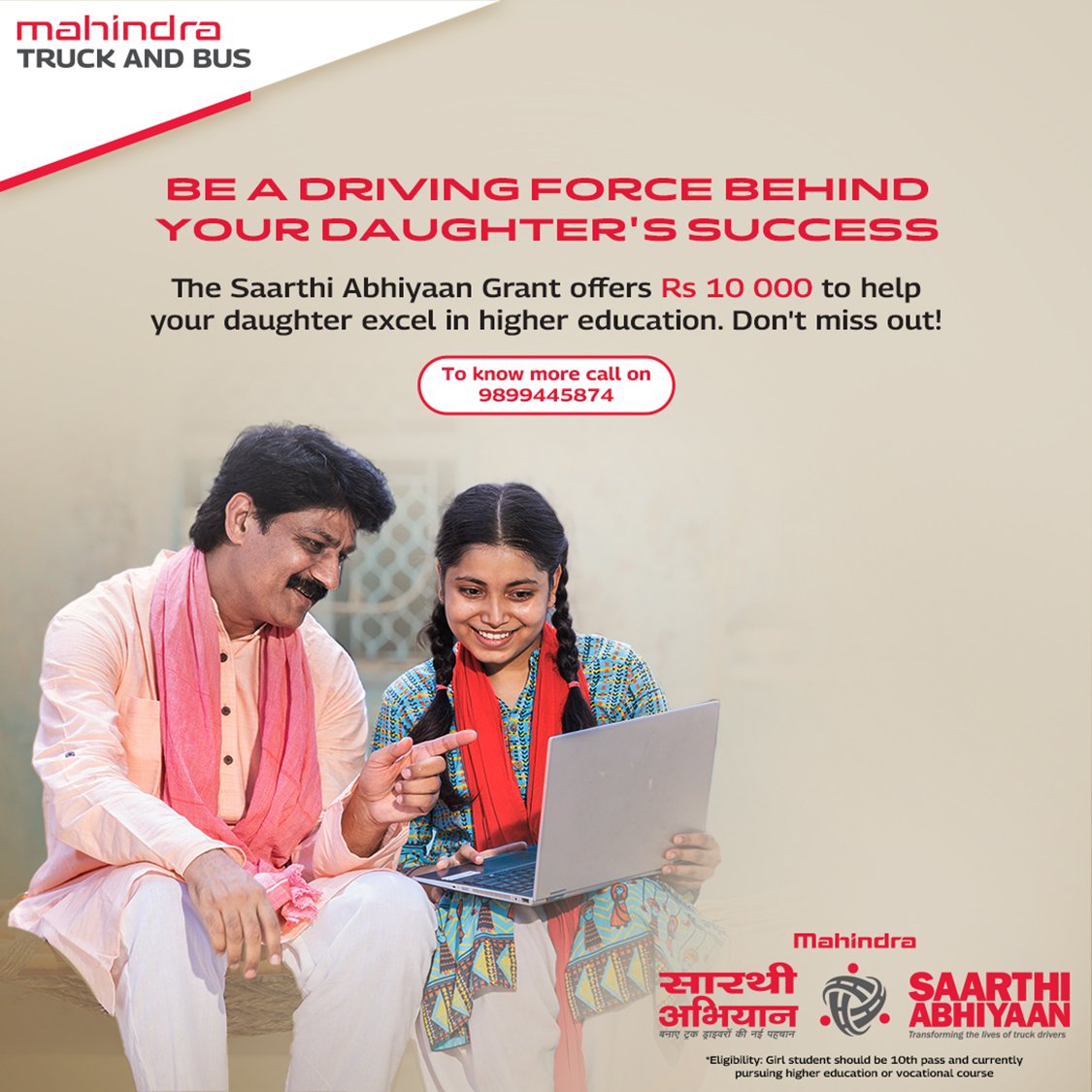 MahindraTrukBus's tweet photo. Encourage your daughter to reach for the stars with the Saarthi Abhiyaan. This incredible opportunity provides Rs 10 000 support to help her pursue her higher education. 
@MahindraRise @jalaj72 @raviawal @MoulickAtin https://t.co/TkvtCn8wzk
