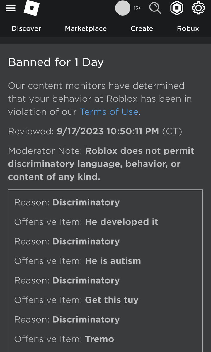 ih_ope's tweet image. Banned after someone said the autism slur and to an autistic person and told them that they were autistic 🤑🤑🤑 #weup #ROBLOX #robloxmoderation #iloveroblox #hashtag